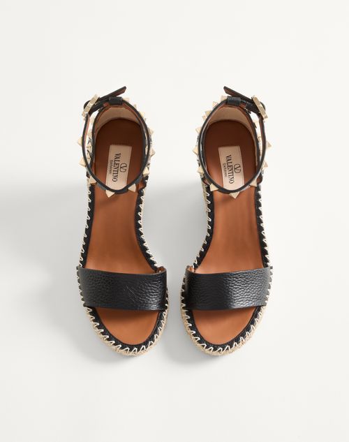 Valentino Garavani - Double Rockstud Grainy Calfskin Wedge Sandal 105 Mm - Black - Woman - Espadrilles And Wedges